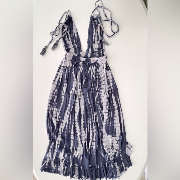 TIE DYE MAXI Dress Cover Up Blue Gray Hi Low Smocked Halter Long Ties WORN ONCE - Picture 7 of 13